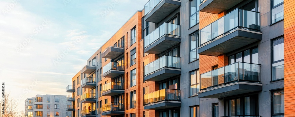 Modern apartment building with balconies, basking in warm evening light, showcasing urban architecture and contemporary design. Modern apartment building with balconies, basking in warm evening light, showcasing urban architecture and contemporary design.