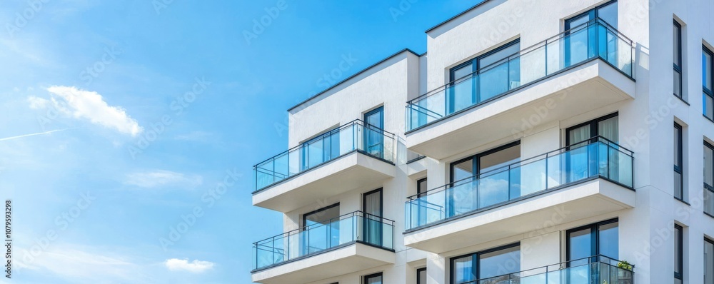 A modern apartment building featuring balconies and a clear blue sky in the background, showcasing contemporary architecture. A modern apartment building featuring balconies and a clear blue sky in the background, showcasing contemporary architecture.