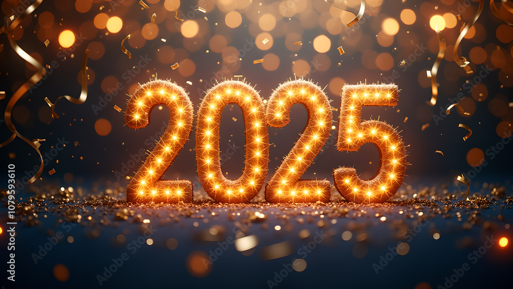 2025 illuminated in sparkling lights with confetti, perfect for celebrating the new year. 2025 illuminated in sparkling lights with confetti, perfect for celebrating the new year.