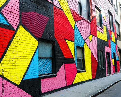 A vibrant mural featuring geometric shapes in bold colors, enhancing an urban wall and adding artistic flair to the cityscape. photo