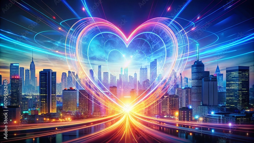 A luminous heart-shaped energy field embraces a vibrant cityscape, showcasing the interconnectedness of technology and urban life. A luminous heart-shaped energy field embraces a vibrant cityscape, showcasing the interconnectedness of technology and urban life.