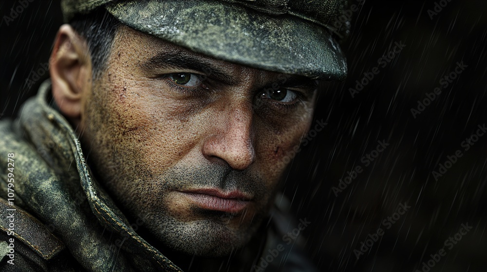 Close-Up Portrait of a Determined Soldier in the Rain Close-Up Portrait of a Determined Soldier in the Rain