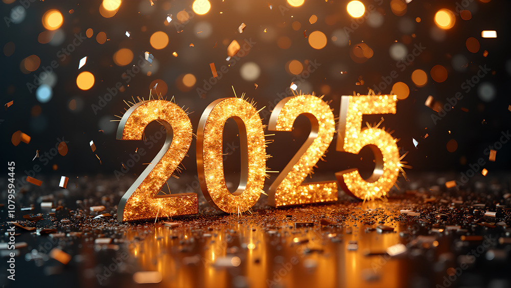 Shiny golden 2025 new year celebration with confetti background Shiny golden 2025 new year celebration with confetti background