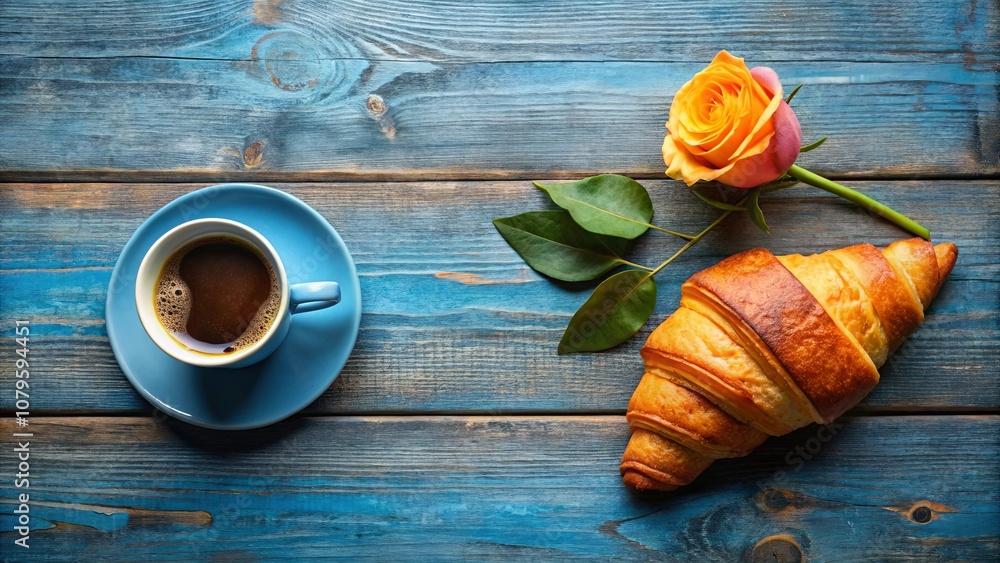 Fototapeta premium A blue cup of coffee, a golden croissant, and a single blooming rose adorn a weathered blue wooden surface, creating a moment of simple, elegant beauty.