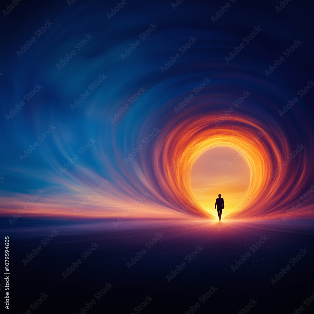 A solitary figure steps into a vibrant portal symbolizing a journey towards transformation. This digital artwork captures a surreal landscape where colors swirl evoking feelings of curiosity A solitary figure steps into a vibrant portal symbolizing a journey towards transformation. This digital artwork captures a surreal landscape where colors swirl evoking feelings of curiosity
