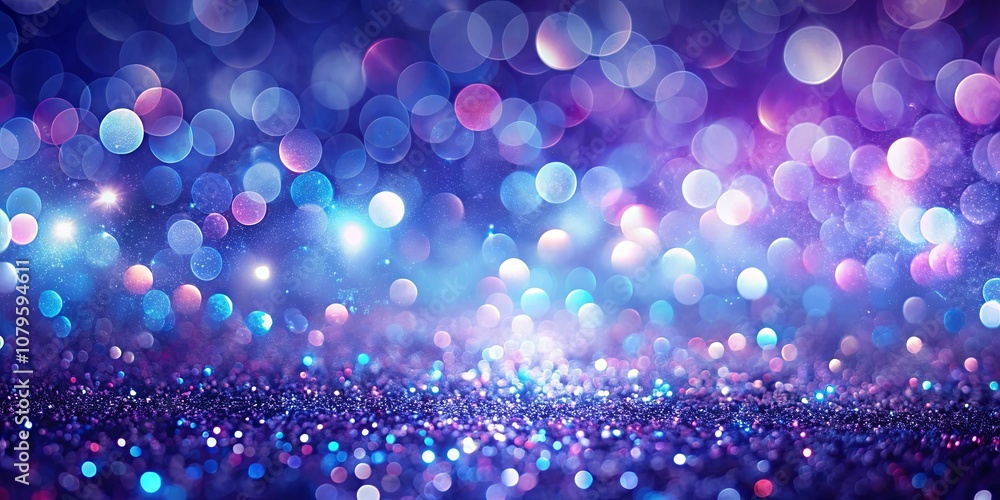 A shimmery expanse of purple glitter reflects a vibrant spectrum of blue and pink bokeh lights. A shimmery expanse of purple glitter reflects a vibrant spectrum of blue and pink bokeh lights.