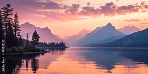 Calm lake surrounded by mountains at sunset, with pink and orange sky reflections.