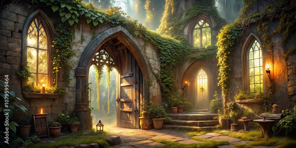 A Stone Archway Leading into a Sunlit Forest, Flanked by Windows, Plants, and Stone Steps A Stone Archway Leading into a Sunlit Forest, Flanked by Windows, Plants, and Stone Steps