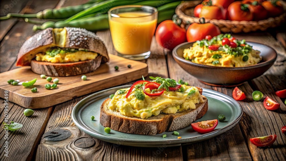 Scrambled Eggs on Toasted Bread with Fresh Tomatoes, Herbs, and a Side of Orange Juice Scrambled Eggs on Toasted Bread with Fresh Tomatoes, Herbs, and a Side of Orange Juice
