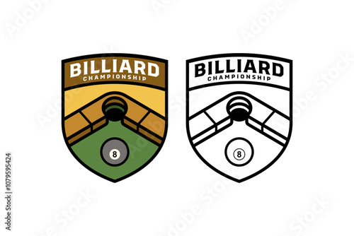 green table billiard with pocket, black ball badge logo design set for billiard sport and competition. pool hole point with dummy, 8 ball illustration modern logo collection for snooker sport