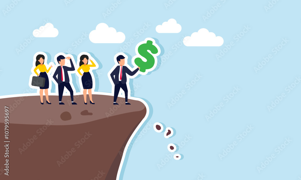 several businessmen watching a businessman holding a dollar sign at the edge of a cliff, illustration of a business investment at risk of loss and bankruptcy several businessmen watching a businessman holding a dollar sign at the edge of a cliff, illustration of a business investment at risk of loss and bankruptcy