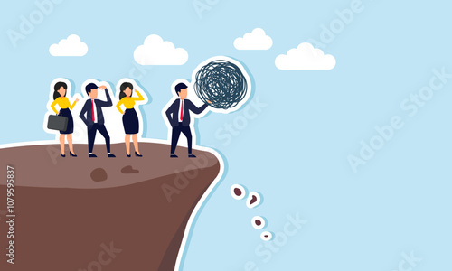 several businessmen watching a businessman holding something disorganized at the edge of a cliff, illustration of discarding complex business management for more effectiveness