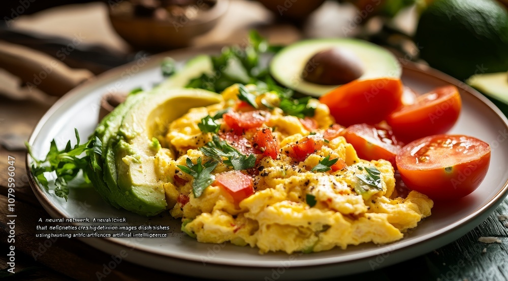 Scrambled eggs with avocado, tomato, and parsley on a white plate. Scrambled eggs with avocado, tomato, and parsley on a white plate.