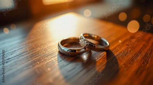 Two elegant silver wedding rings lie intertwined on a warm, weathered wooden surface bathed in soft sunlight. This image symbolizes love, commitment.