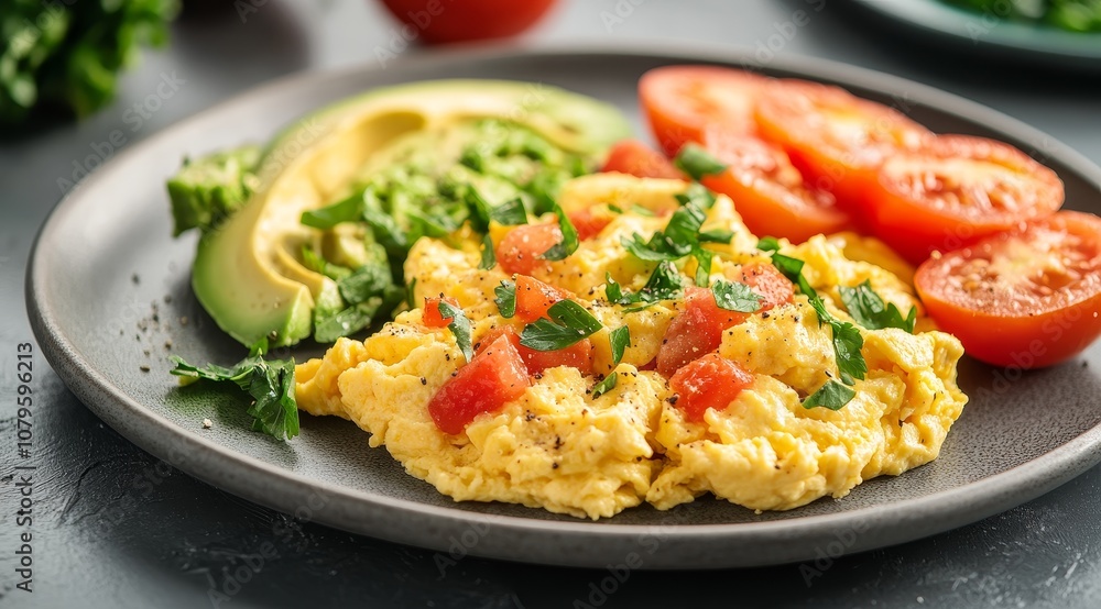 Closeup of scrambled eggs with tomatoes, avocado, and parsley on a grey plate. Closeup of scrambled eggs with tomatoes, avocado, and parsley on a grey plate.