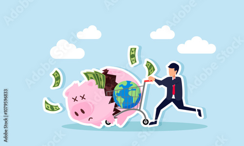 businessman pushing a shopping cart carrying a globe crashing into a piggy bank, illustration of following global business trends at the expense of financial stability