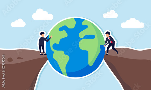 two businessmen standing at opposite ends of a cliff lifting a giant globe together, illustration of a joint venture to dominate the global market or international scale