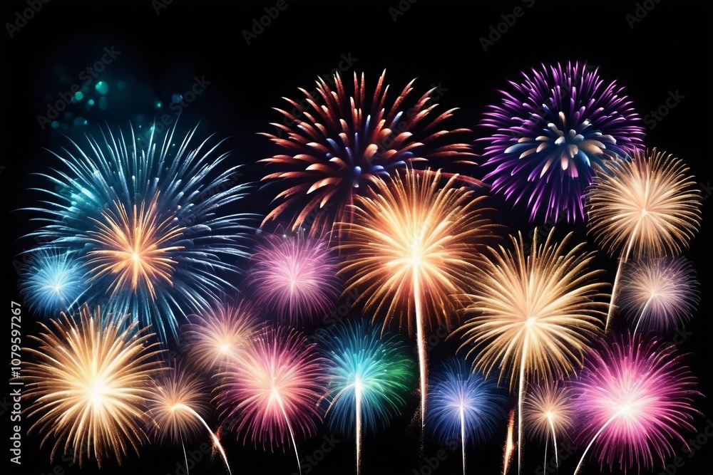 Fototapeta premium Colorful fireworks lighting up the night sky in celebration, with bright explosions and sparkling stars, perfect for a festive holiday or New Year's event