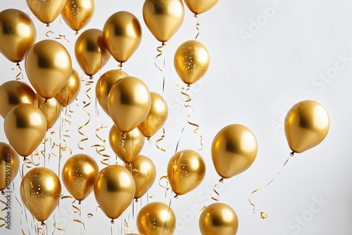 golden balloons on a solid background with festive decorations and confetti for birthday or holiday celebrations, copy space photo