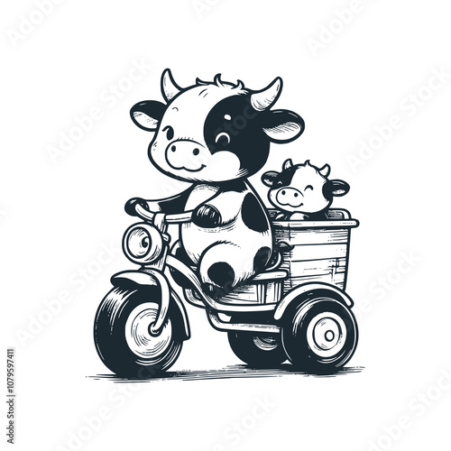 Cow riding a motorbike with her calf. Black white vector illustration.