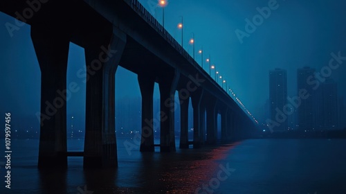 A long concrete bridge with streetlights stretches over a body of water at night. The water is calm and reflects the lights. A city skyline can be seen in the distance.