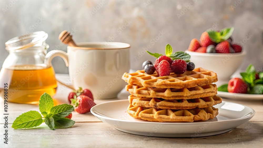 A delicate stack of golden waffles, adorned with a medley of fresh berries and a sprig of vibrant mint, rests upon a pristine white plate, inviting a delightful culinary experience. A delicate stack of golden waffles, adorned with a medley of fresh berries and a sprig of vibrant mint, rests upon a pristine white plate, inviting a delightful culinary experience.