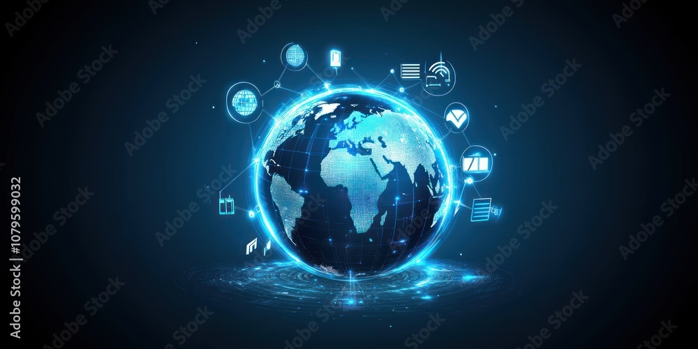 Fototapeta premium Digital globe surrounded by technology icons, representing global connectivity and innovation.