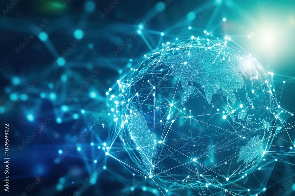 A digital representation of a connected globe with network lines and data points. A digital representation of a connected globe with network lines and data points.