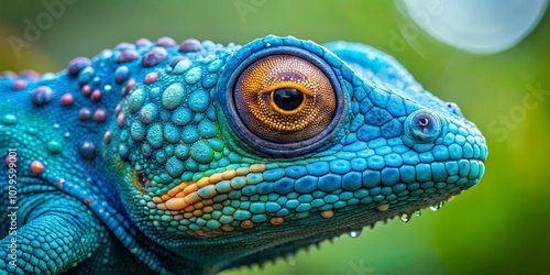 Wallpaper Mural A Detailed Close-up of a Blue and Green Reptile with a Large Yellow Eye and Dew Drops on Its Chin Torontodigital.ca