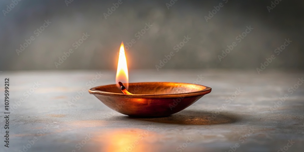 A small earthenware bowl, filled with melted wax, holds a flickering flame, casting a warm glow against the muted backdrop. A small earthenware bowl, filled with melted wax, holds a flickering flame, casting a warm glow against the muted backdrop.