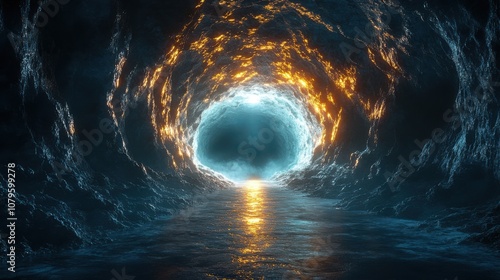 Fototapeta Naklejka Na Ścianę i Meble -  the dark rock tunnel with light illuminated in the end 3d rendering