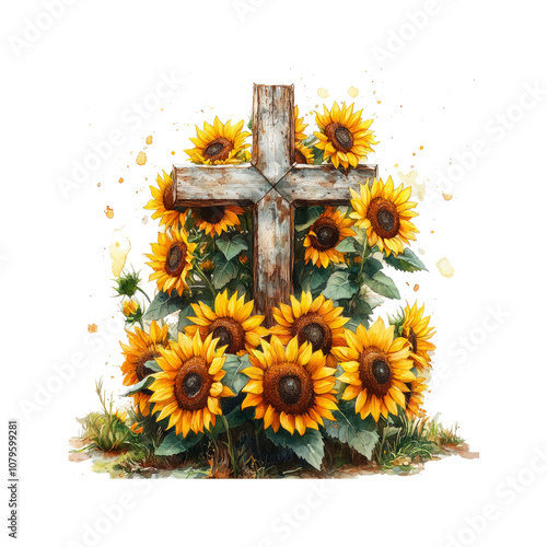 A beautiful Christian cross with sunflowers on transparent background. Cross with Sunflowers.