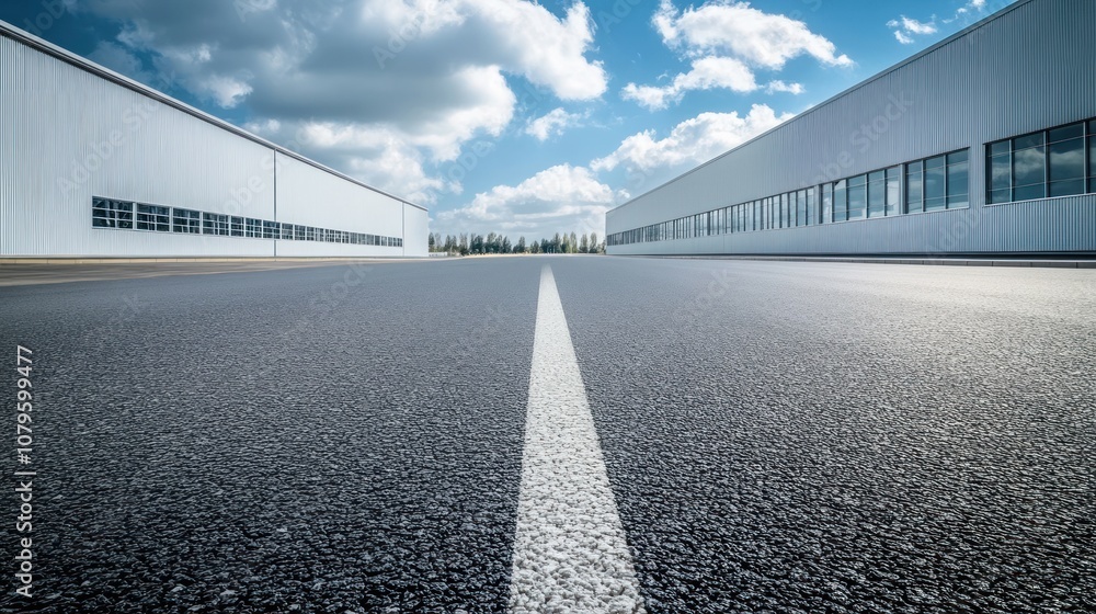 Asphalt Road Leading to Large Buildings Asphalt Road Leading to Large Buildings