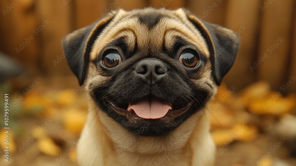 A happy pug dog with a joyful expression in a natural setting.
