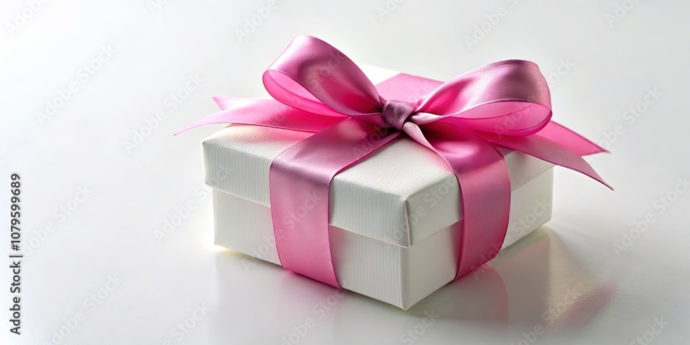 Obraz premium A single white box with a pink ribbon tied in a perfect bow, signifying a thoughtful gesture and anticipation of a special occasion.