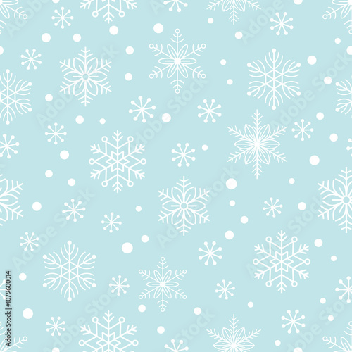 White Snowflake seamless pattern on blue background with scattered dots, perfect for festive winter designs.