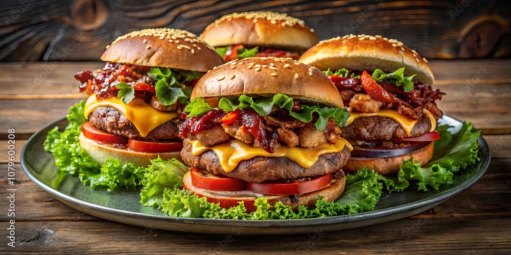 Three juicy burgers piled high with cheese, bacon, and lettuce, resting on a rustic wooden table Three juicy burgers piled high with cheese, bacon, and lettuce, resting on a rustic wooden table