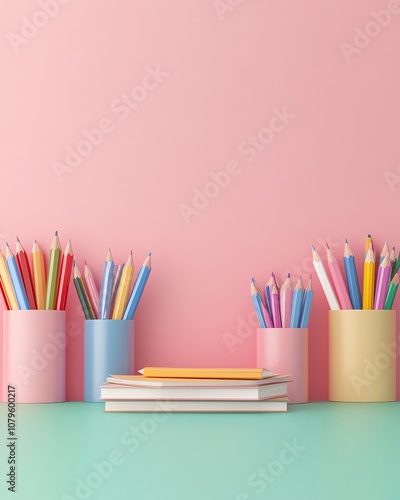 Colorful stationary items on a desk with pastel backgrounds.