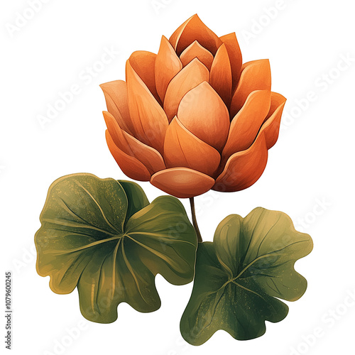 Orange lotus flower elegantly rising above green lily pads, embodying harmony and natural beauty overt transparent background