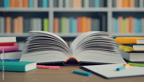 An open book surrounded by colorful notebooks and stationery.