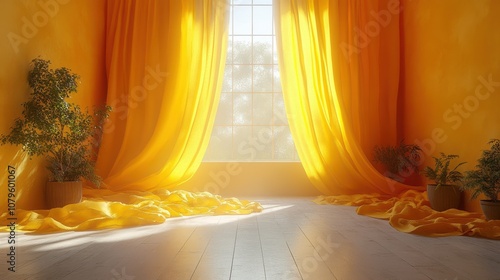 yellow curtain with sunlight comes in 3d rendering