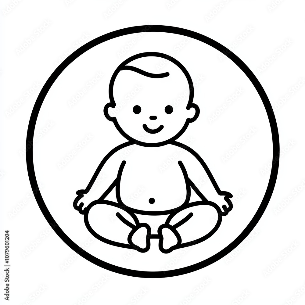 This design features a minimalist black and white icon of a seated baby, representing key developmental milestones and growth stages This design features a minimalist black and white icon of a seated baby, representing key developmental milestones and growth stages