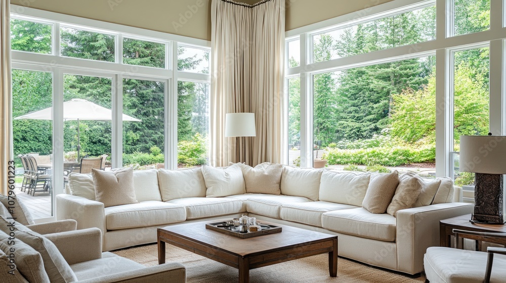 Fototapeta premium Living Room with Large Windows and View of Greenery