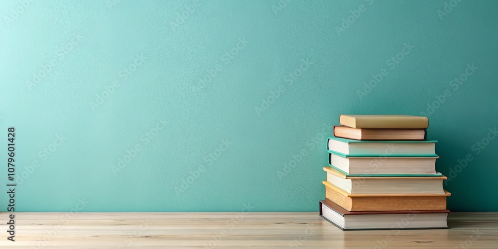 A stack of books on a wooden surface against a light blue wall. A stack of books on a wooden surface against a light blue wall.