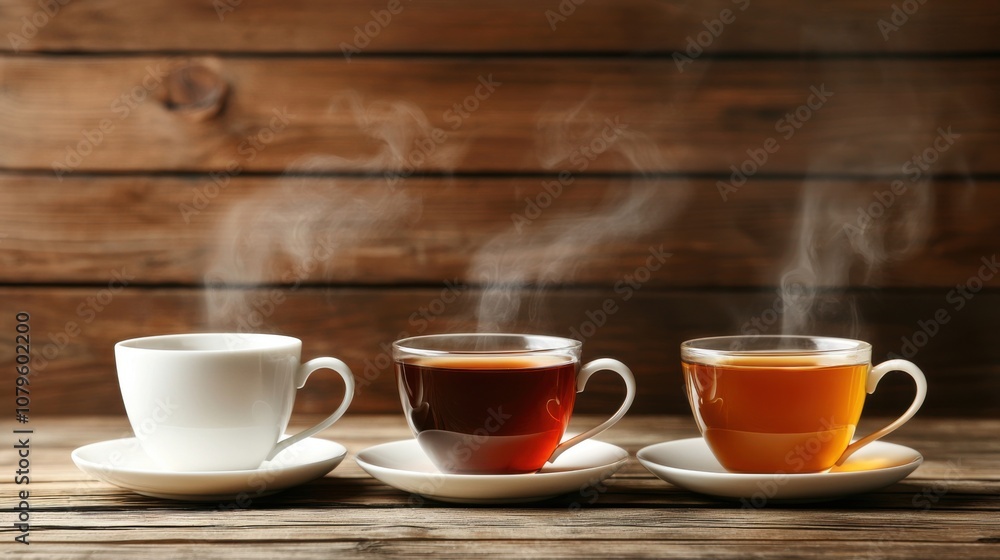 White Tea Black Tea Green Tea. Three steaming cups of tea in white and brown tones, arranged on saucers against a rustic wooden background. White Tea Black Tea Green Tea. Three steaming cups of tea in white and brown tones, arranged on saucers against a rustic wooden background.