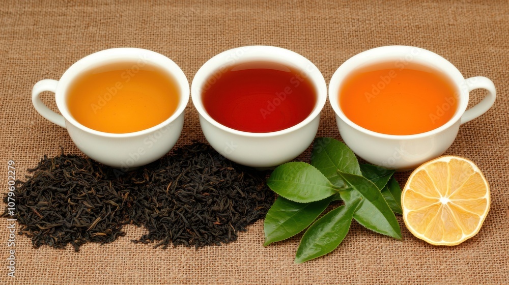 White Tea Black Tea Green Tea. A vibrant display of three cups of tea, showcasing a variety of colors, accompanied by tea leaves, fresh lemon, and green leaves. White Tea Black Tea Green Tea. A vibrant display of three cups of tea, showcasing a variety of colors, accompanied by tea leaves, fresh lemon, and green leaves.