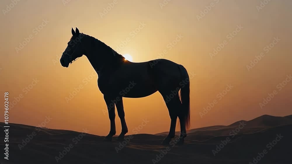 A silhouette of a horse against a sunset backdrop in a serene landscape. A silhouette of a horse against a sunset backdrop in a serene landscape.