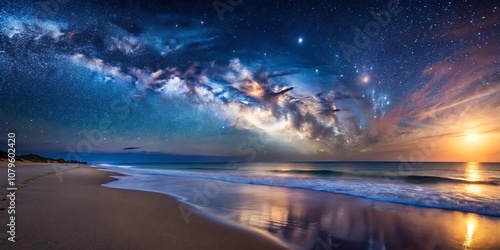 A celestial tapestry unfolds above a serene coastal landscape, where the Milky Way's luminous glow dances with the gentle rhythm of the waves.