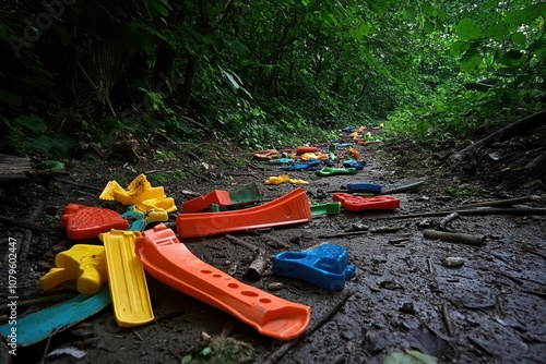 Wallpaper Mural Colorful Plastic Toys Scattered in Forest Environment Torontodigital.ca