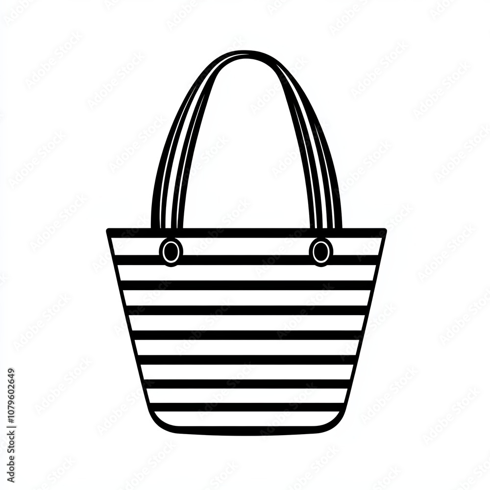 This design showcases a black and white icon of a beach bag with horizontal stripes, perfect for representing beach activities and summer fun This design showcases a black and white icon of a beach bag with horizontal stripes, perfect for representing beach activities and summer fun